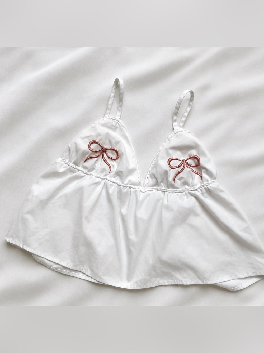 White Satin Bow-Embroidered Camisole Chemise